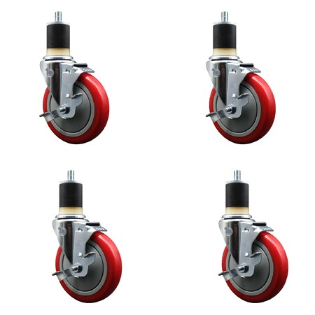 Service Caster 5'' SS Red Poly Swivel 1-7/8'' Expanding Stem Caster Set with Brake, 4PK SCC-SSEX20S514-PPUB-RED-TLB-178-4